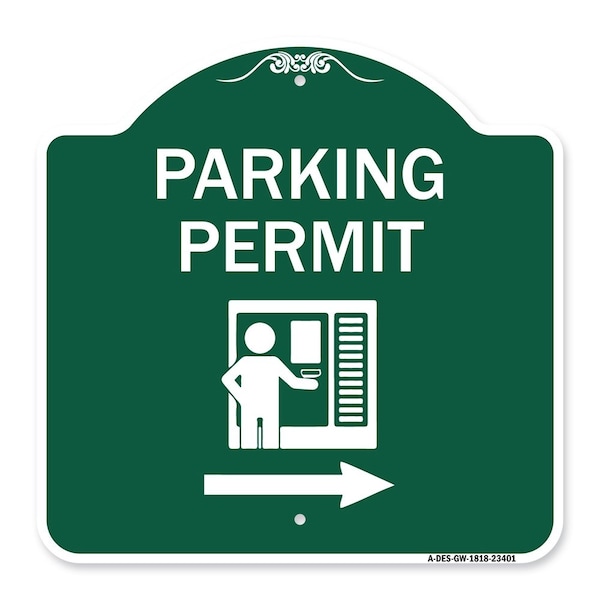 Parking Permit W/ Right Arrow, Green & White Aluminum Architectural Sign, 18" x 18", GW-1818-23401